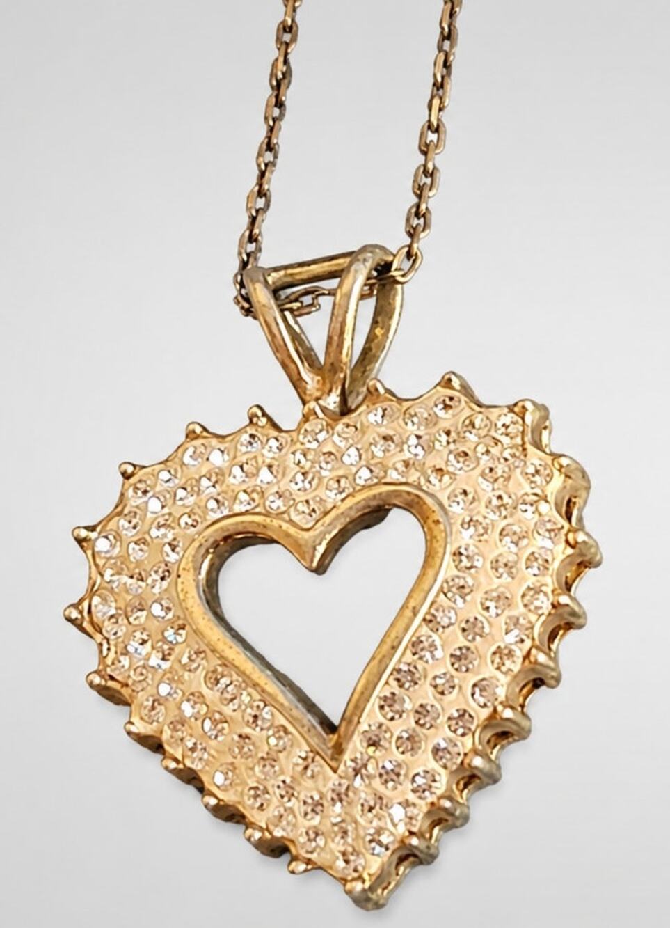 Vintage Sterling Silver Heart Pendant Necklace Rhinestones Signed 925, 18"‎